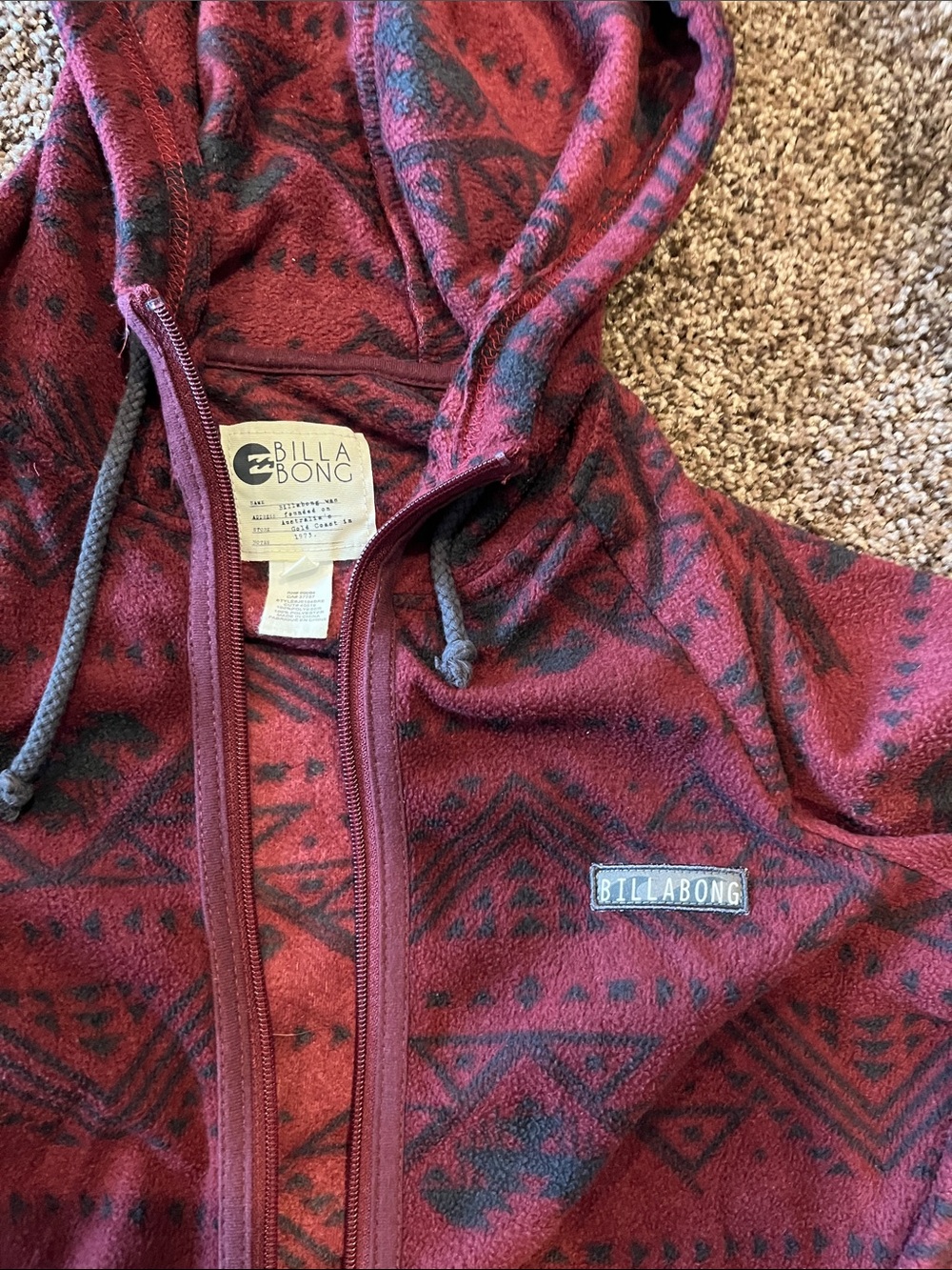 Billabong Burgundy and Charcoal Patterned Zip Hoodie